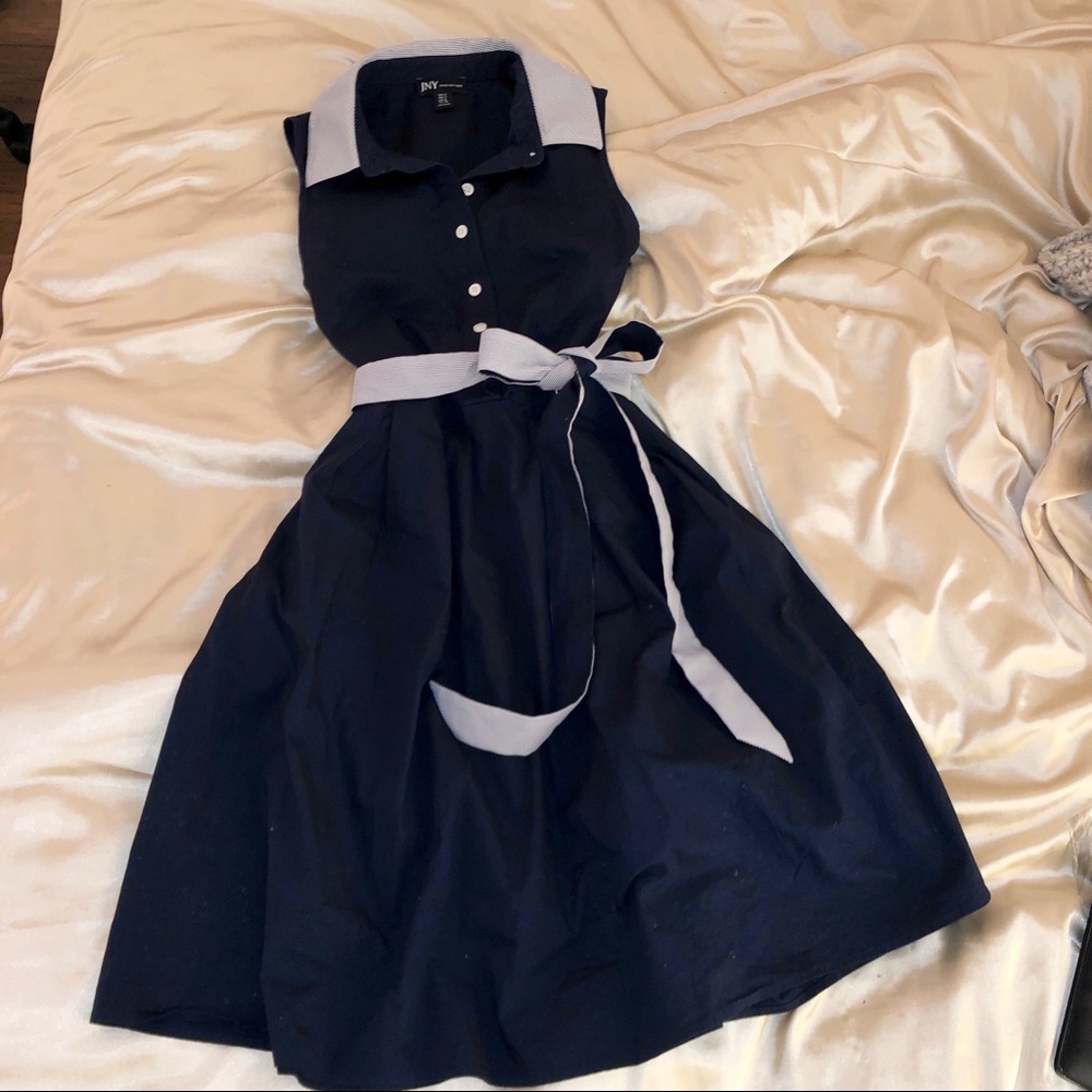 Navy Blue Midi Button Up A Line Dress with Bow